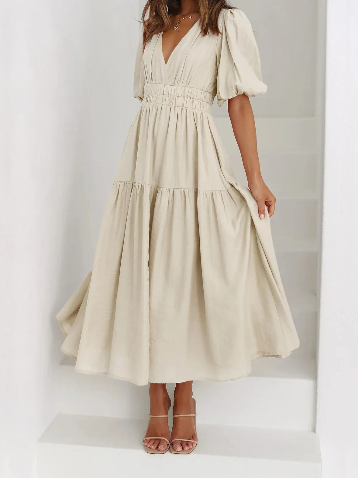 Women's Puff Sleeve Maxi Dress with V-Neck and High Waist