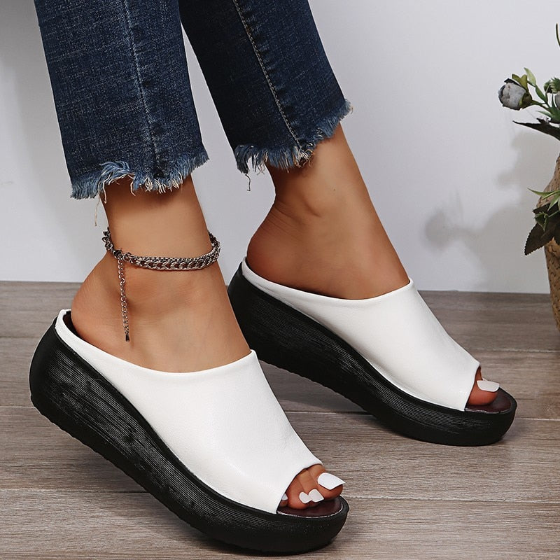 Women's Open Toe Platform Sandals with Slip On Design and Thick Sole
