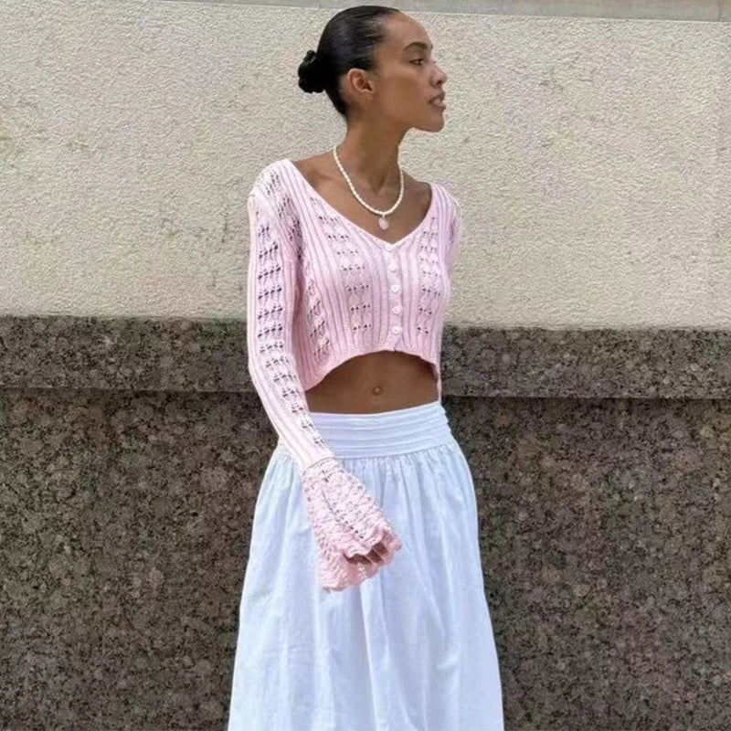 Women's Crochet Knit Long Sleeve Cardigan with V Neck and Button Front