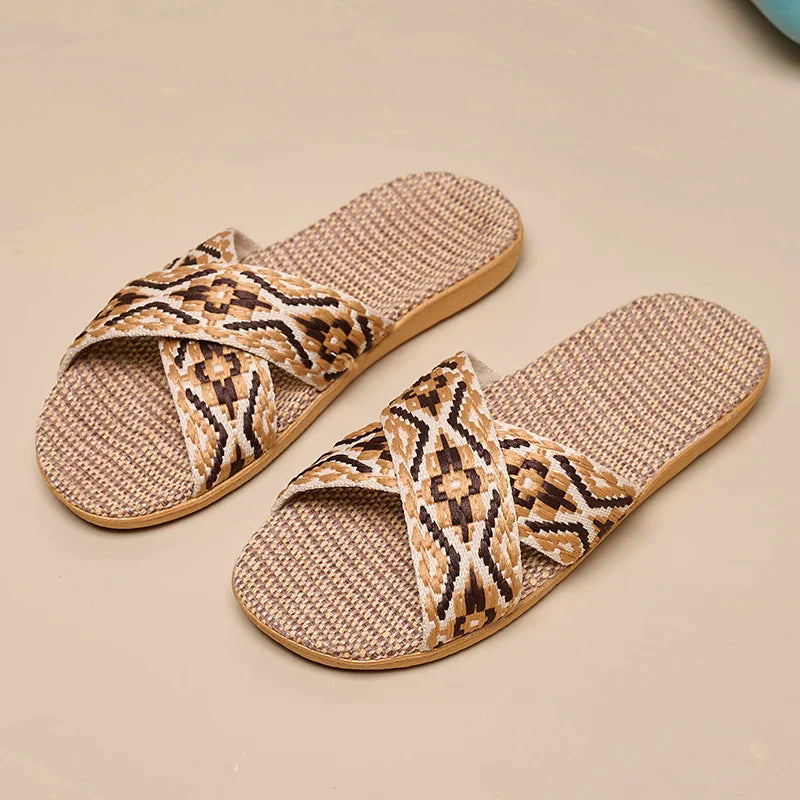 Women's Crisscross Linen Slippers with Flat Sole and Grip