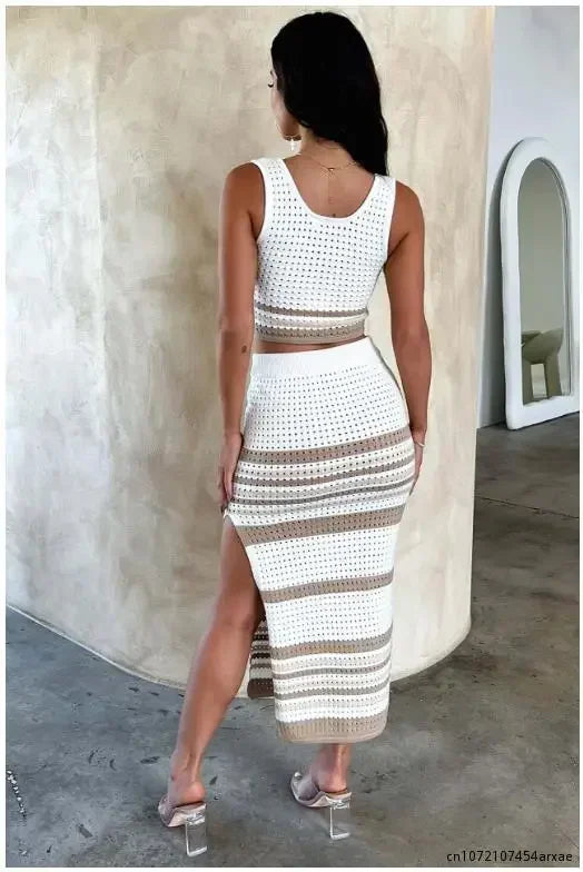 Women's Knitted Two-Piece Set with Sleeveless Crop Top and Skirt