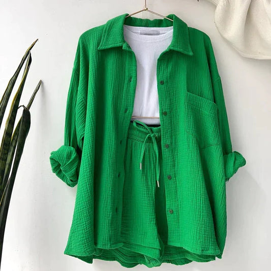 Women's Two-Piece Shorts Set with Button-Down Shirt