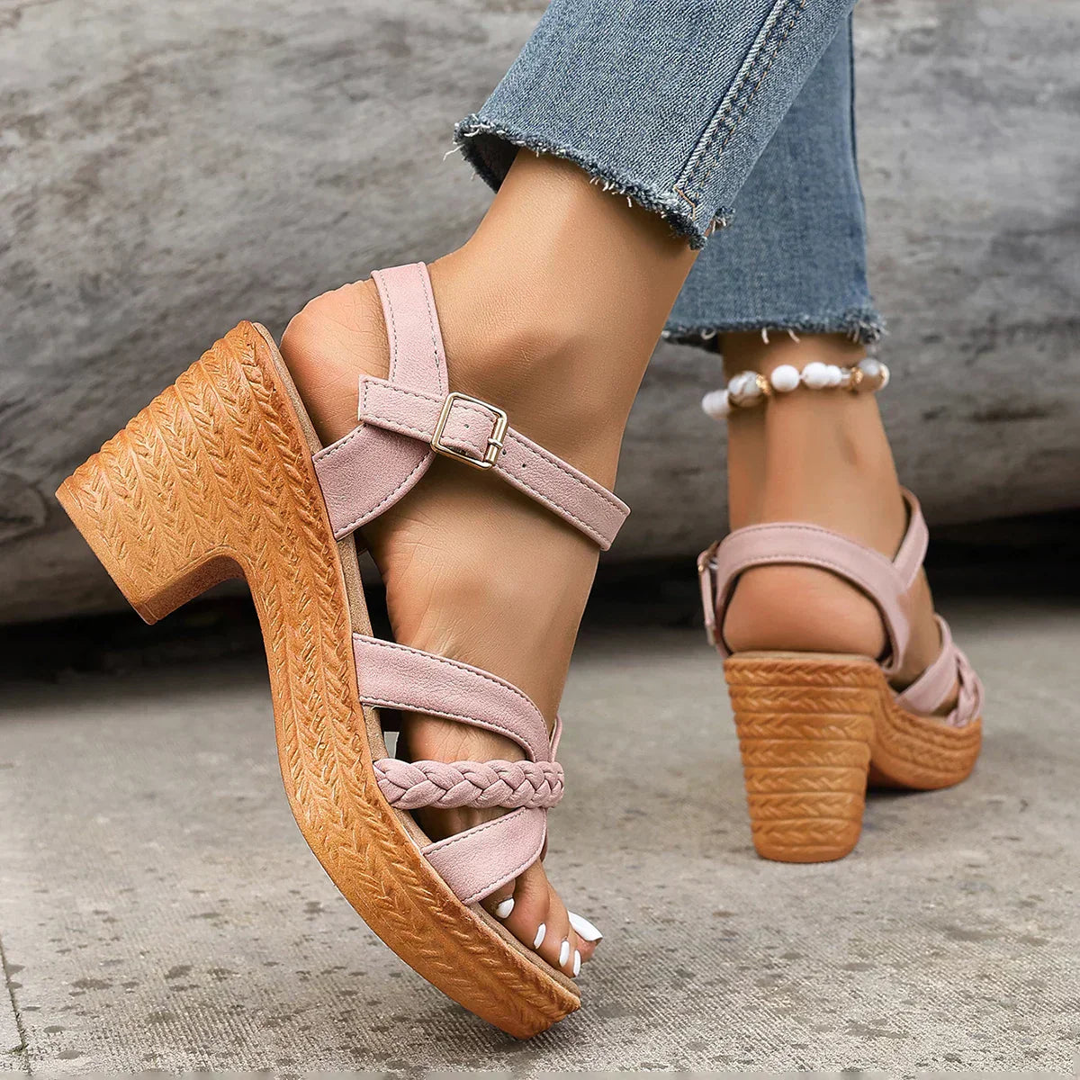 Women's Platform Sandals with Braided Straps and Block Heel
