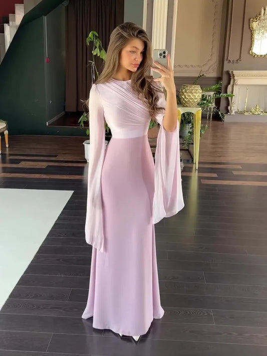 Women's Elegant Maxi Dress with Draped Bodice and Flared Sleeves