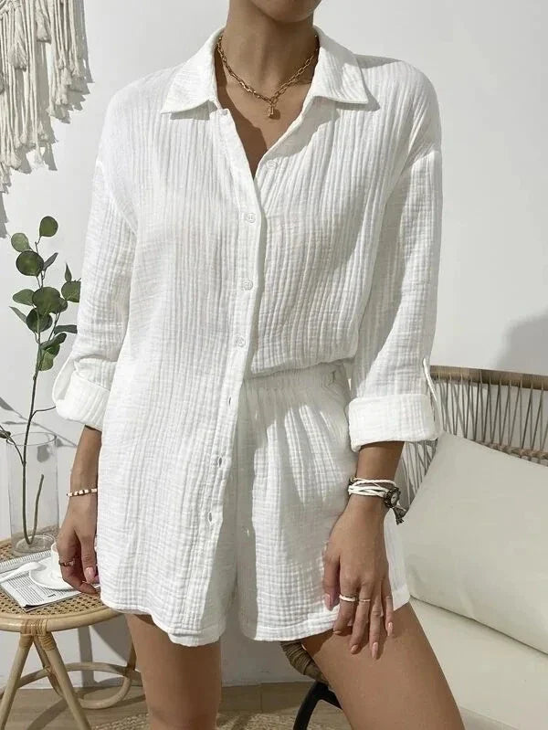 Women's 100% Cotton Two Piece Set with Shirt and High Waist Shorts