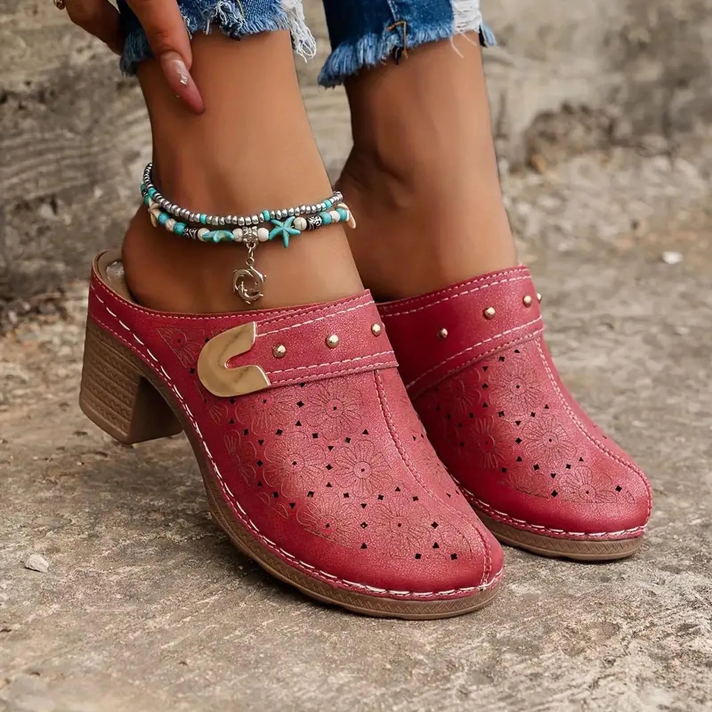 Women's Bohemian Block Heel Mules Sandals with Cut-Out Floral Detail