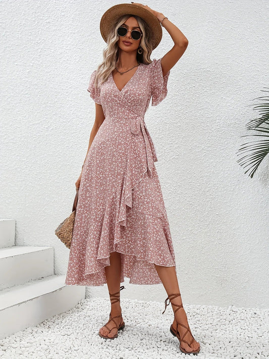 Women's V-Neck Floral Mini Wrap Dress with Short Sleeves and Tie Waist