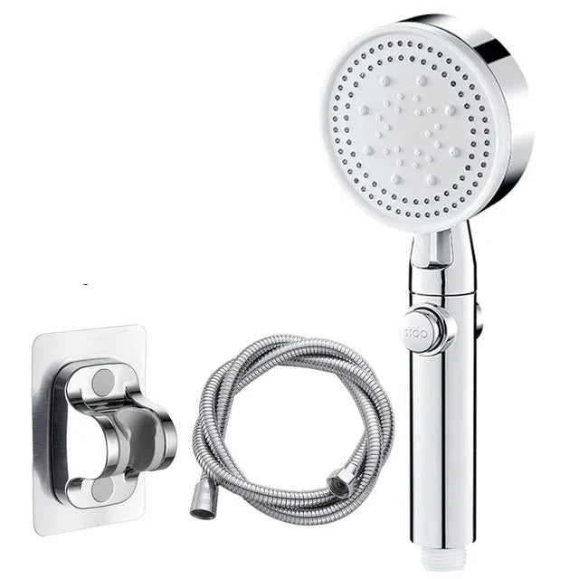 Adjustable Silver High-Pressure Shower Head with Stop Switch, Hose & Holder