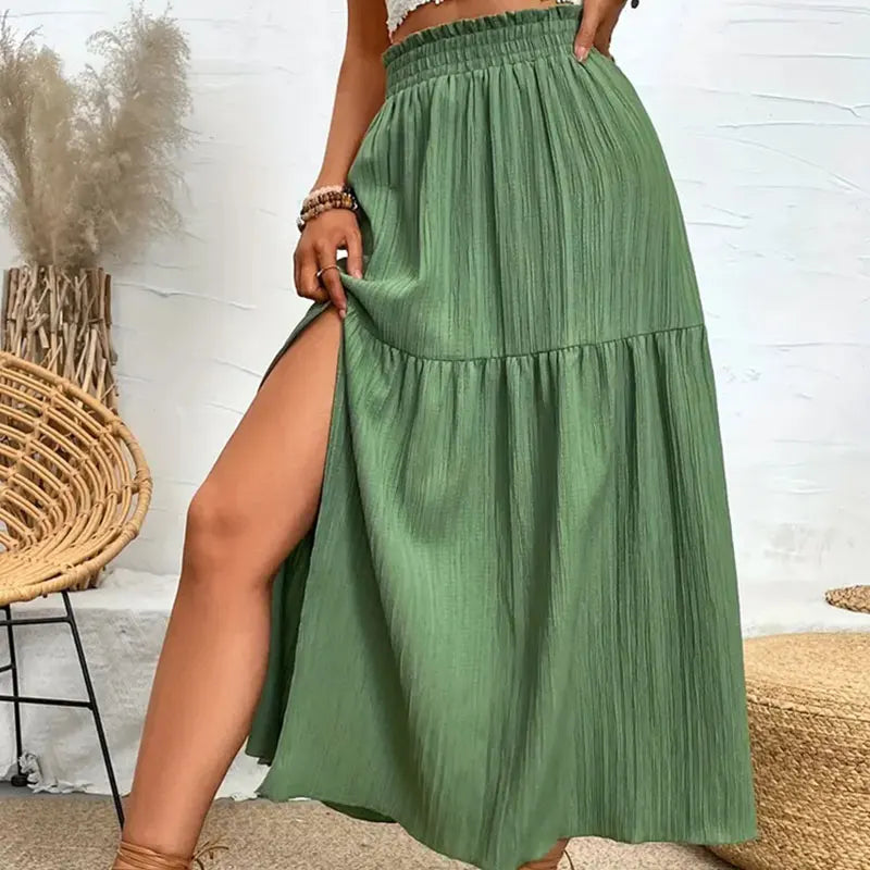 Women's High Waist A-Line Midi Skirt with Side Slit and Ruffle Hem