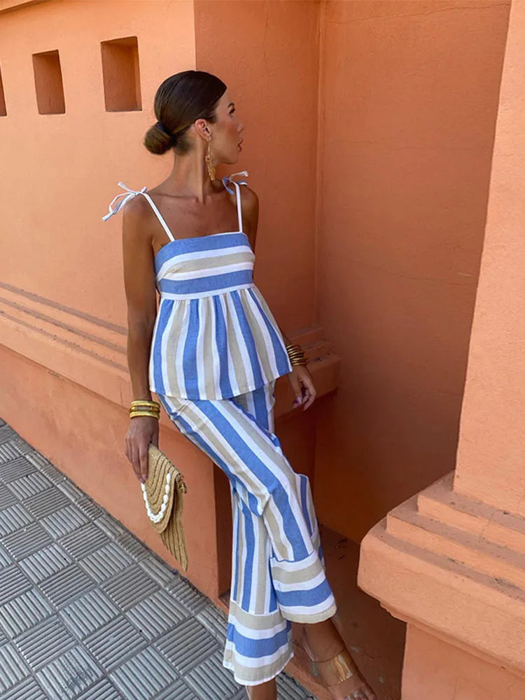 Women's Striped Two-Piece Set with Tie-Strap Top and Wide Pants