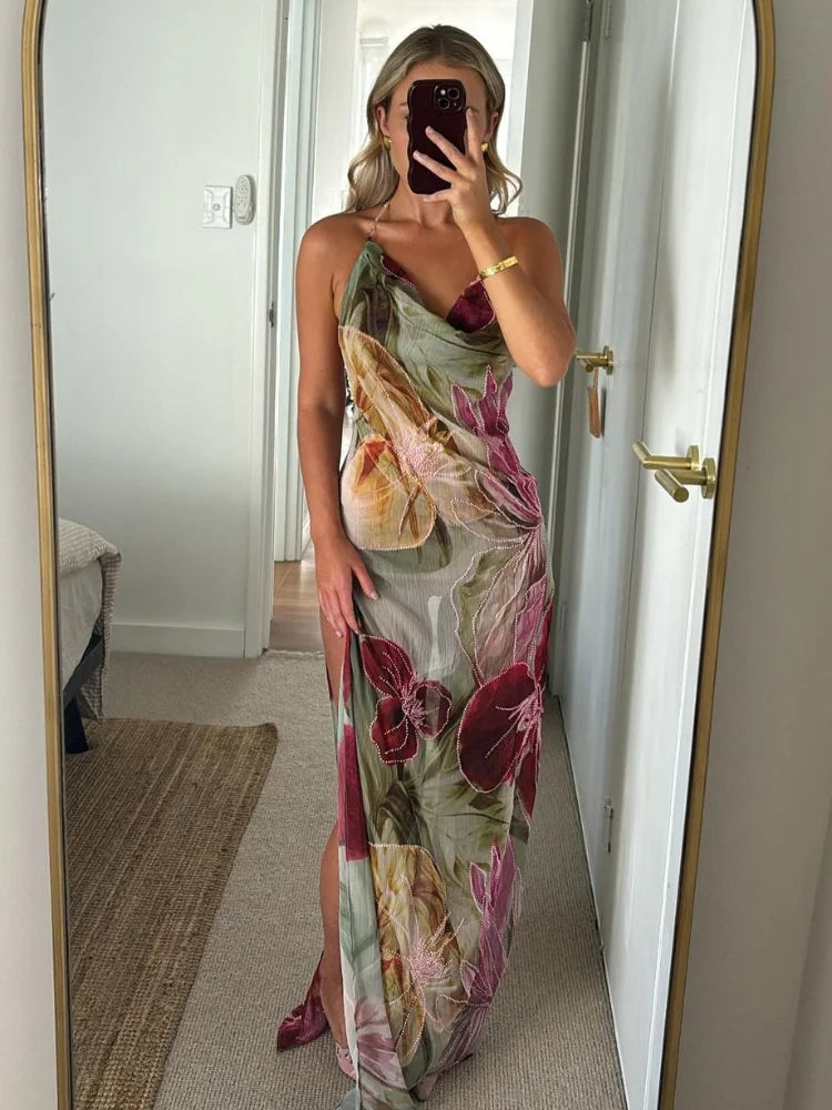 Women's Floral Maxi Dress with Halter Neck and Relaxed Fit