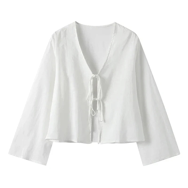 Women's Lace-Up V Neck Long Sleeve Top with Loose Fit and Tie Front