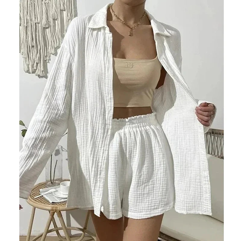 Women's 100% Cotton Two Piece Set with Shirt and High Waist Shorts