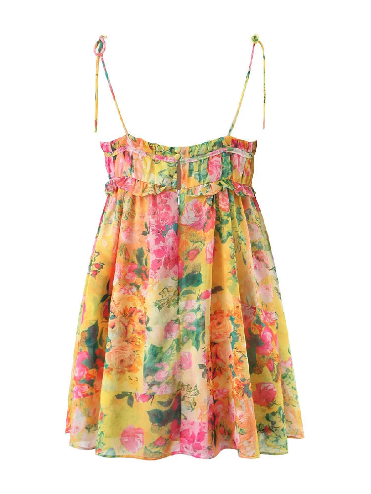 Women's Floral Mini Dress with Spaghetti Straps and Ruffle Detail
