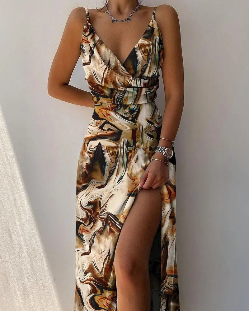 Women’s Spaghetti Strap Cowl Neck Maxi Dress with Side Slit