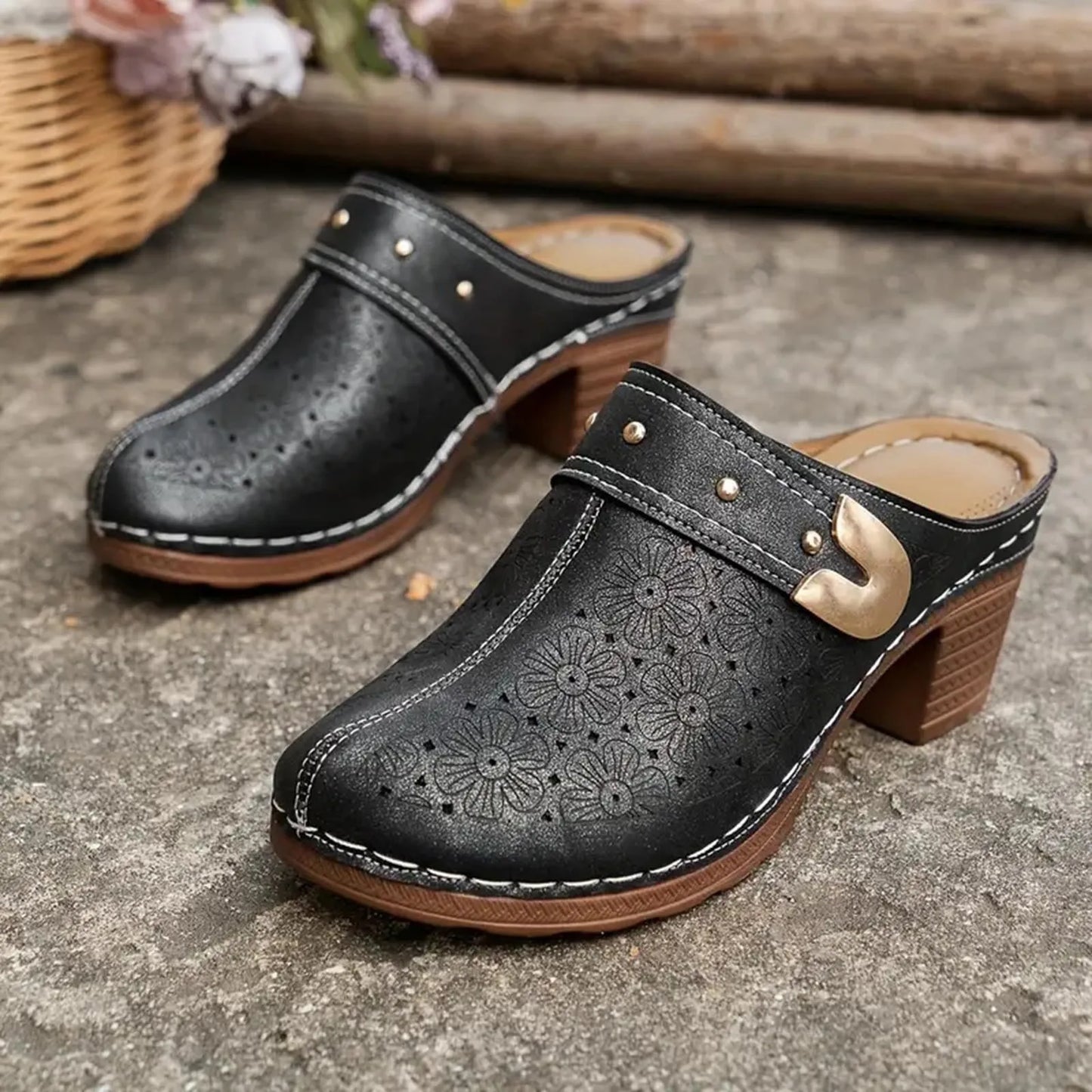 Women's Bohemian Block Heel Mules Sandals with Cut-Out Floral Detail