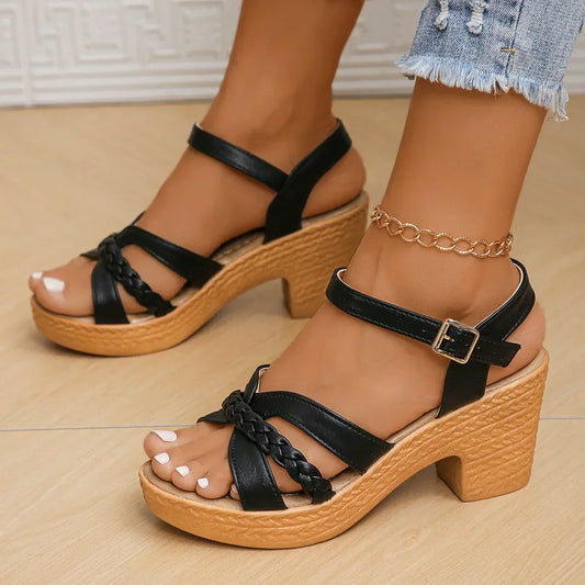 Women's Platform Sandals with Braided Straps and Block Heel