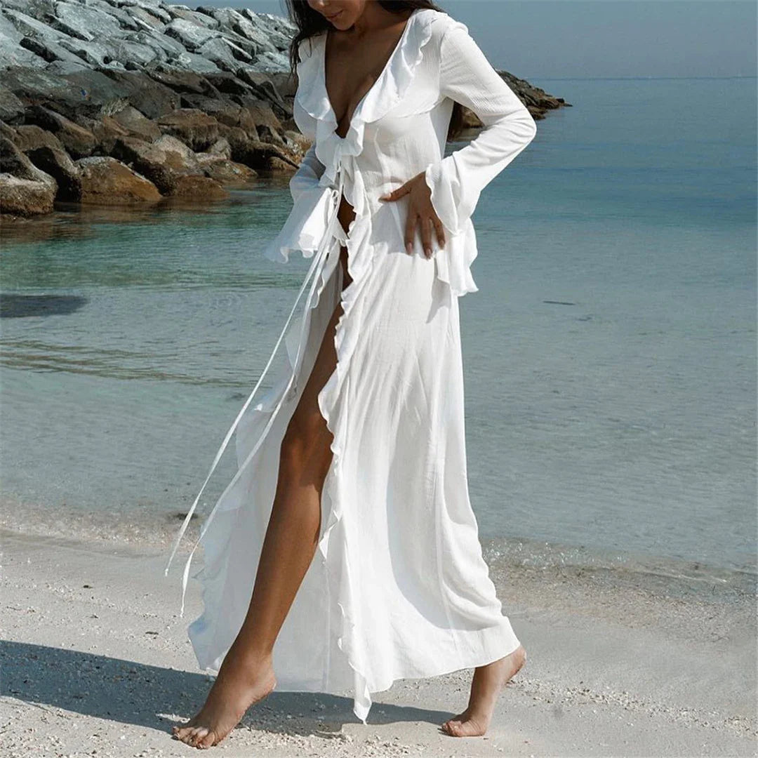 Women's Ruffled Long Sleeve V-Neck Beach Cover Up Maxi Dress