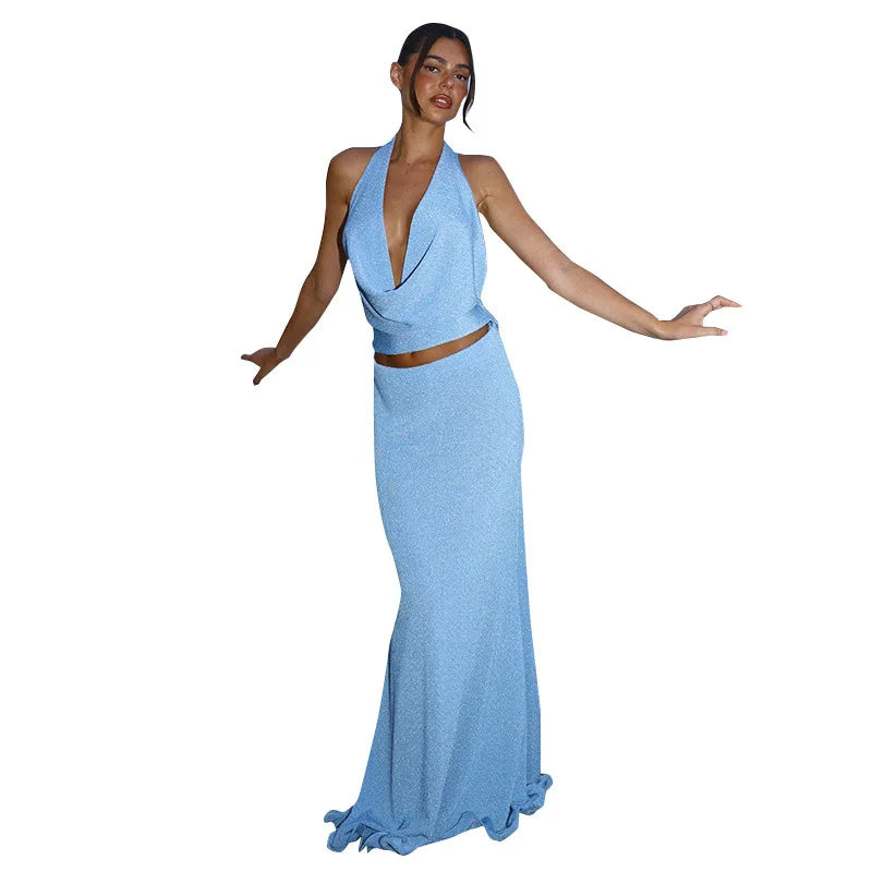 Women's Backless Halter Maxi Dress with Cowl Neck and Slim Fit
