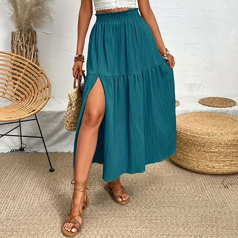 Women's High Waist A-Line Midi Skirt with Side Slit and Ruffle Hem