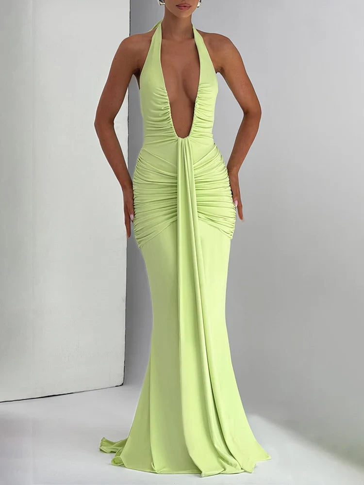 Women's Halter Maxi Dress with Deep V Neck and Draped Ruched Waist