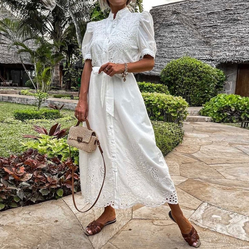 Women's Embroidered Maxi Dress with Puff Sleeves and Waist Tie