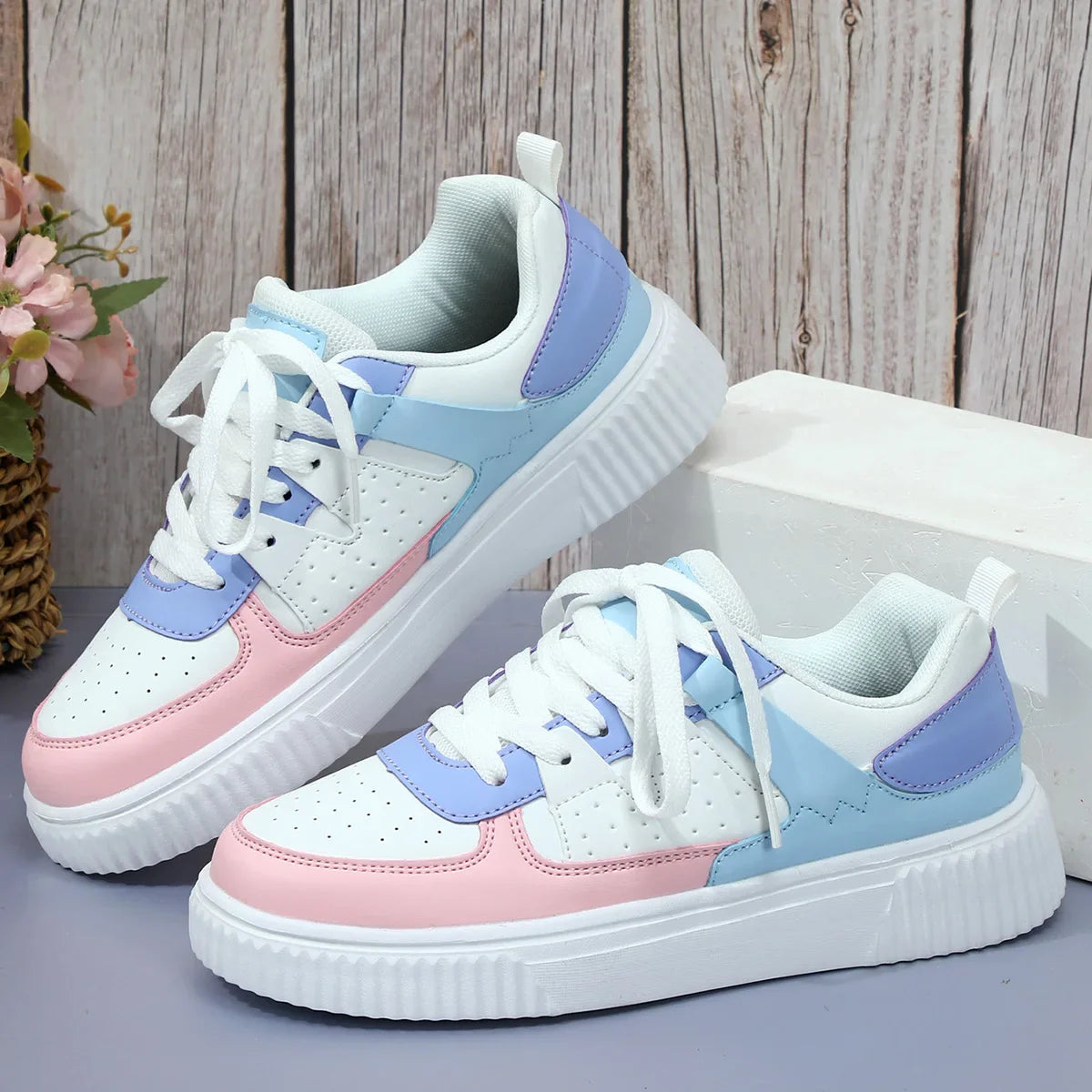 Women's Casual Lace-Up Sneakers with Thick Sole and Perforated Upper