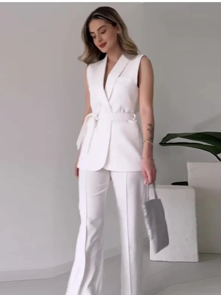 Women’s Sleeveless Two Piece Suit Set with Wrap V-Neck Top and Wide-Leg Trousers