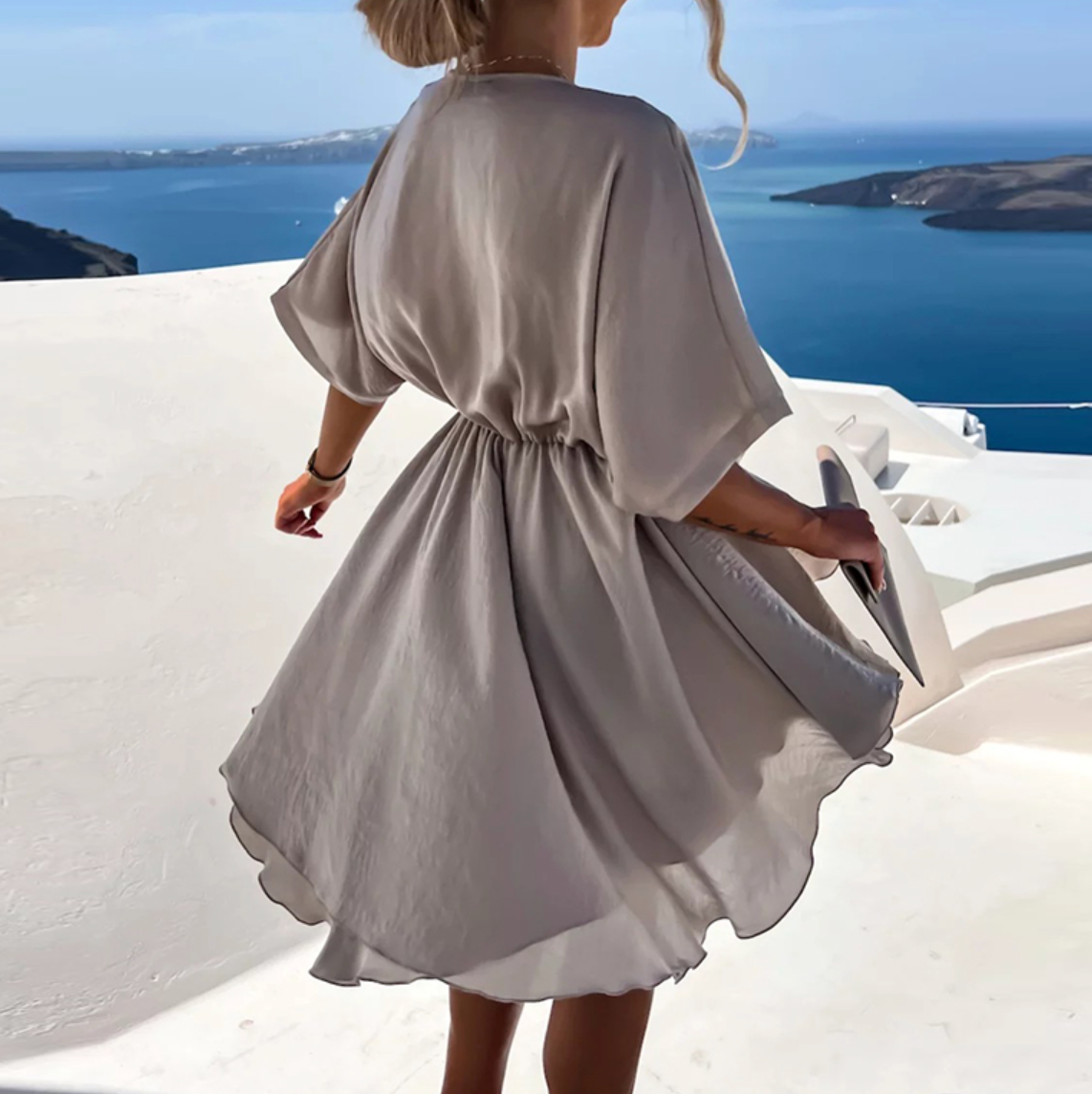 Women's Flowy Mini Dress with V-Neck and Short Batwing Sleeves