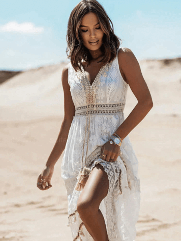 Women’s Boho Lace V-Neck Maxi Dress with Thigh-High Slit