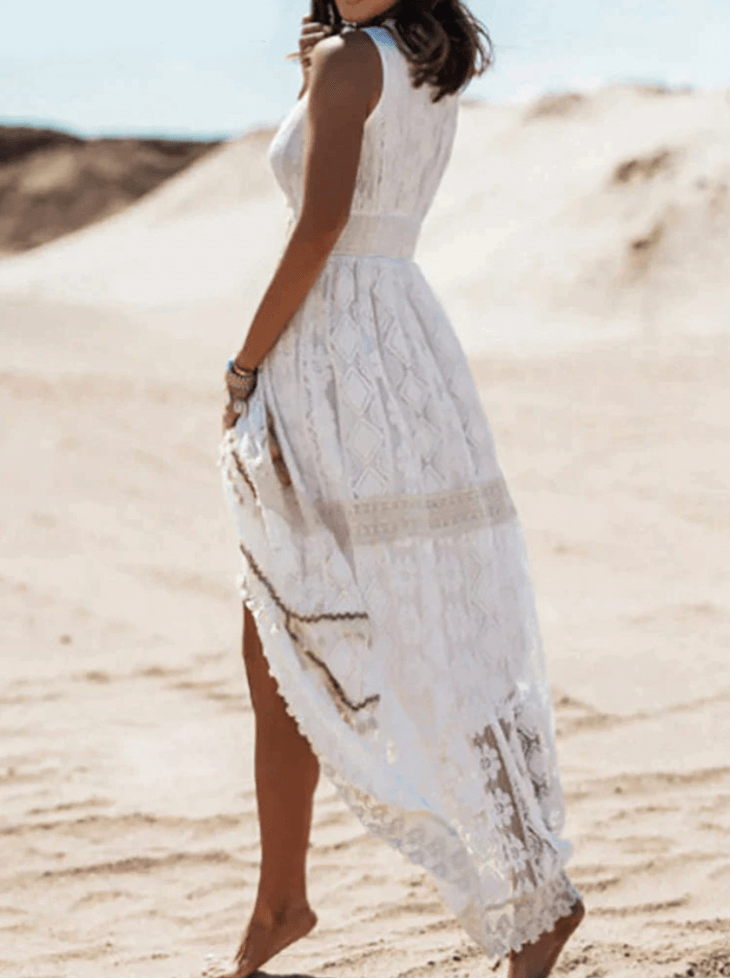 Women’s Boho Lace V-Neck Maxi Dress with Thigh-High Slit