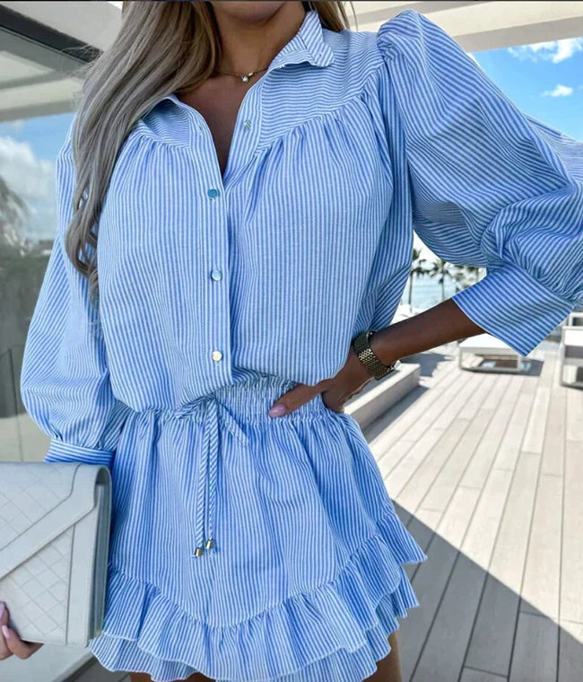 Women's Striped Two-Piece Set with Ruffled Hem and Elastic Waist