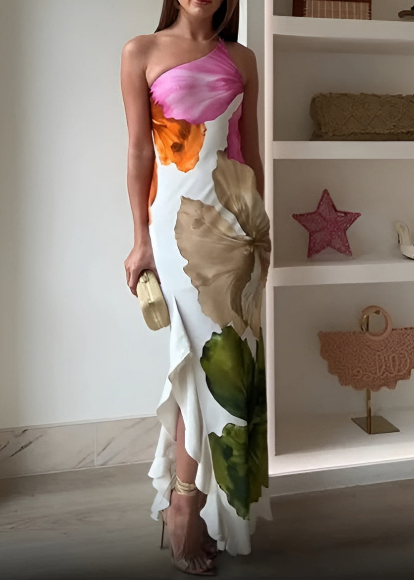 Women's One-Shoulder Asymmetric Maxi Dress with Abstract Print