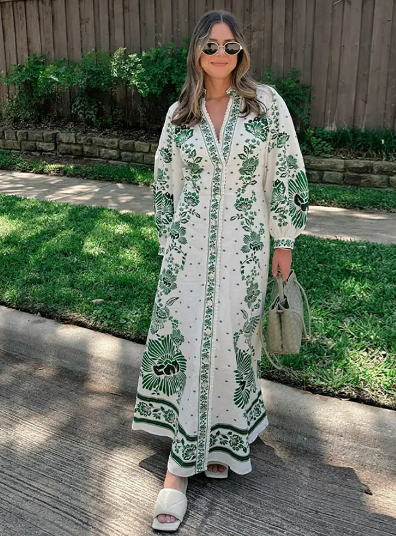 Women's Long Sleeve Printed Maxi Dress