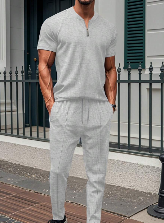 Men’s Two Piece Zip Neck Top and Drawstring Pants Set with Tapered Fit
