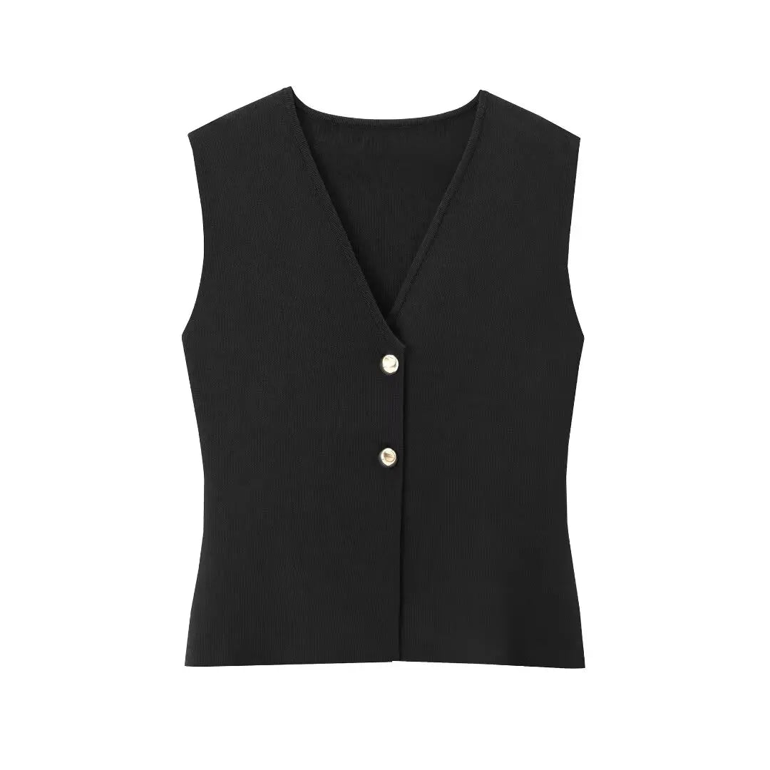 Women's Button-Front Knitted Vest Top with Sleeveless Design