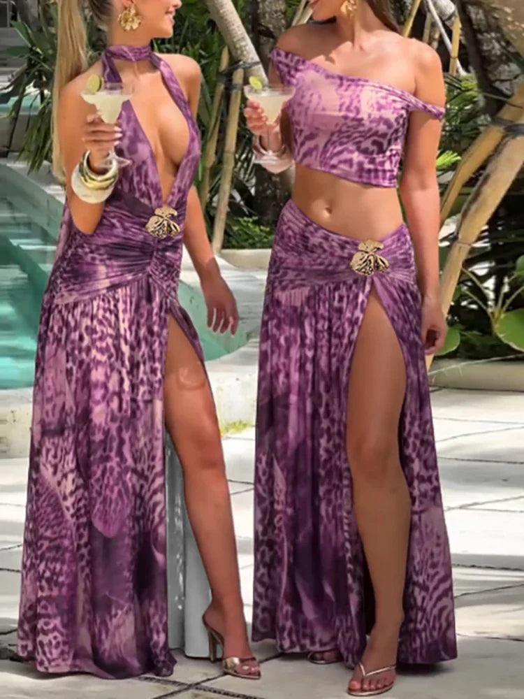 Women's Halter Maxi Dress with Ruched Waist and Front Slit