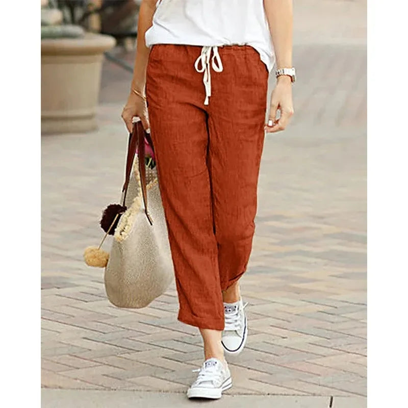 Women's Cotton Drawstring Casual Pants with Elastic Waistband