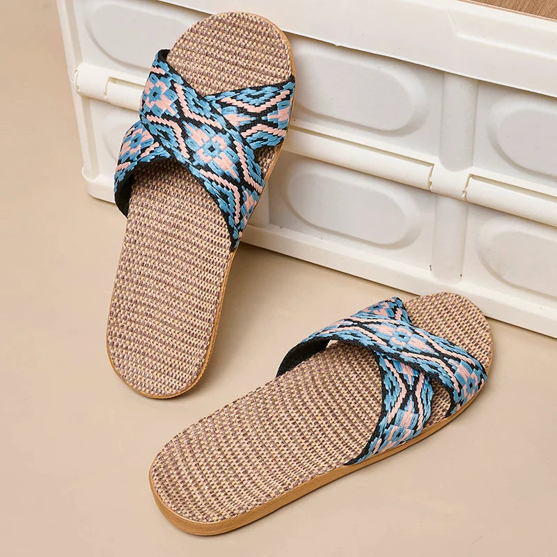 Women's Crisscross Linen Slippers with Flat Sole and Grip