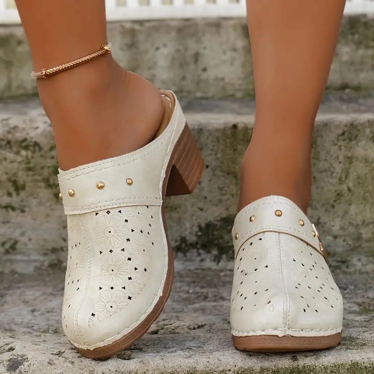 Women's Bohemian Block Heel Mules Sandals with Cut-Out Floral Detail