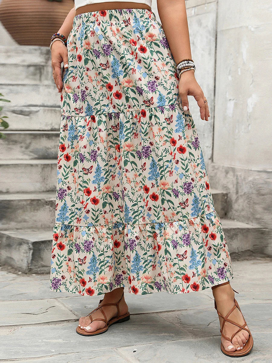 Women's Floral Print Maxi Skirt with Elastic Waist and Tiered Hem