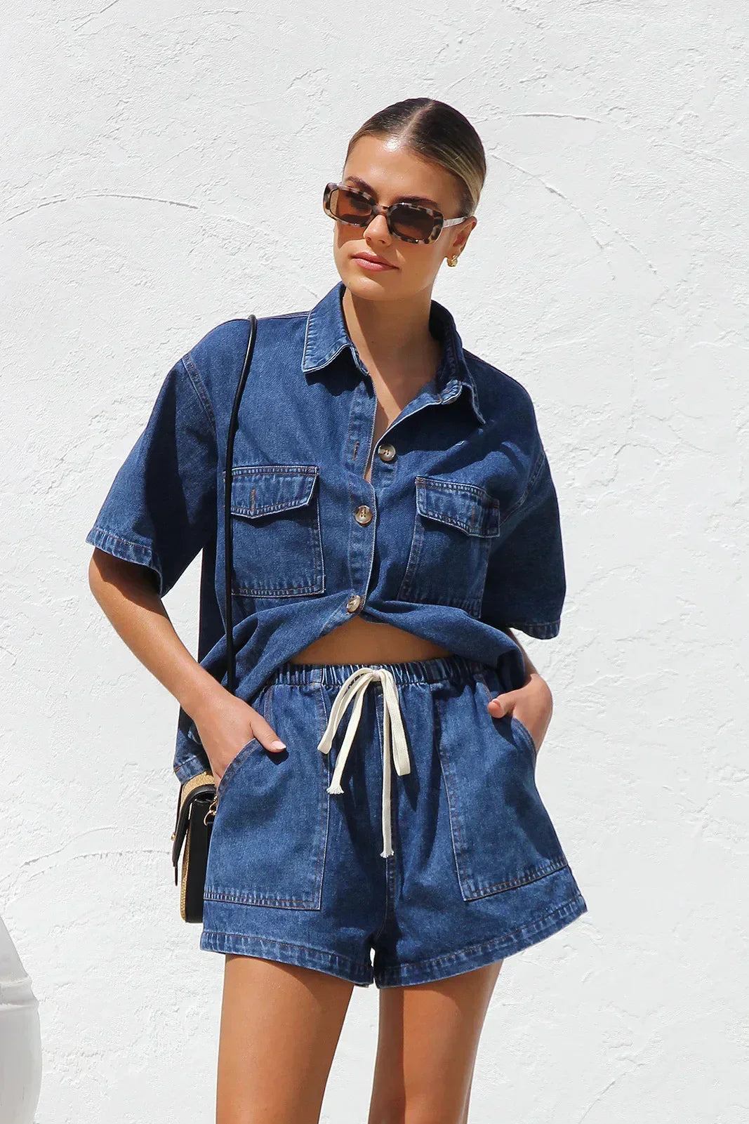 Women's Denim Two-Piece Short Set with Shirt Jacket