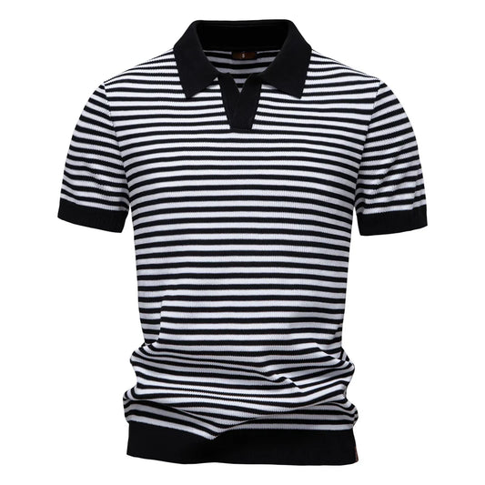 Men's Short Sleeve Striped Polo Shirt with Contrast Knit Design