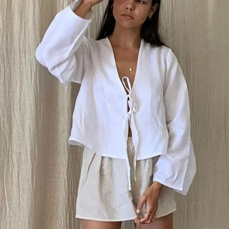 Women's Lace-Up V Neck Long Sleeve Top with Loose Fit and Tie Front