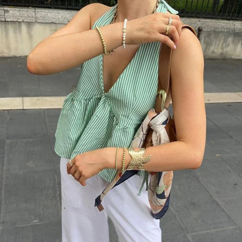 Women's Halter Babydoll Crop Top with Tie Back and Stripes