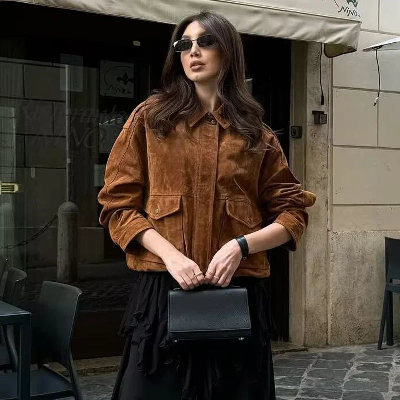 Women's Streetwear Bomber Jacket with Snap Buttons and Flap Pockets