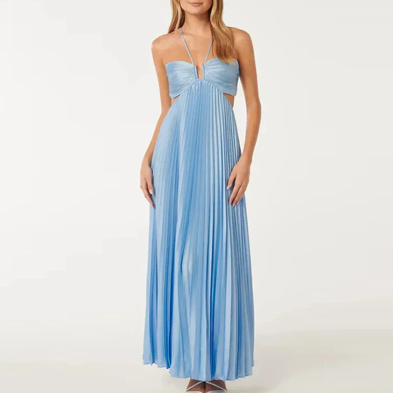 Women's Pleated Maxi Dress with Cut-Out Waist and Spaghetti Straps