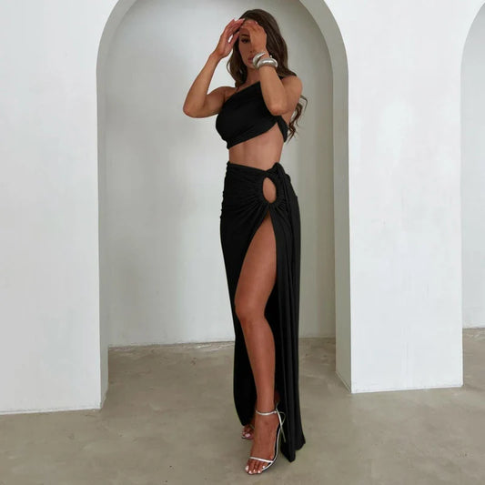 Women's Two-Piece Asymmetrical Top and High-Slit Maxi Skirt Set