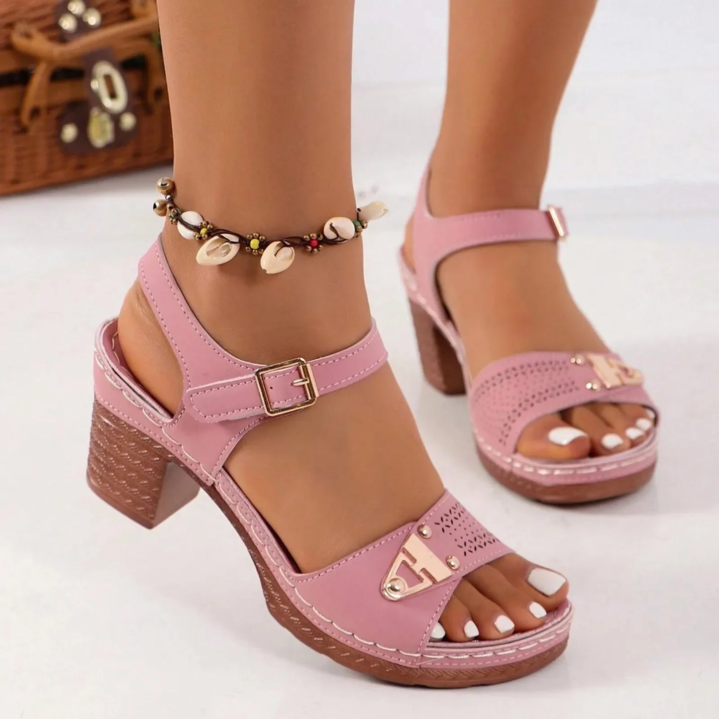 Women's Open-Toe Block Heel Sandals with Buckle and Cutout Design