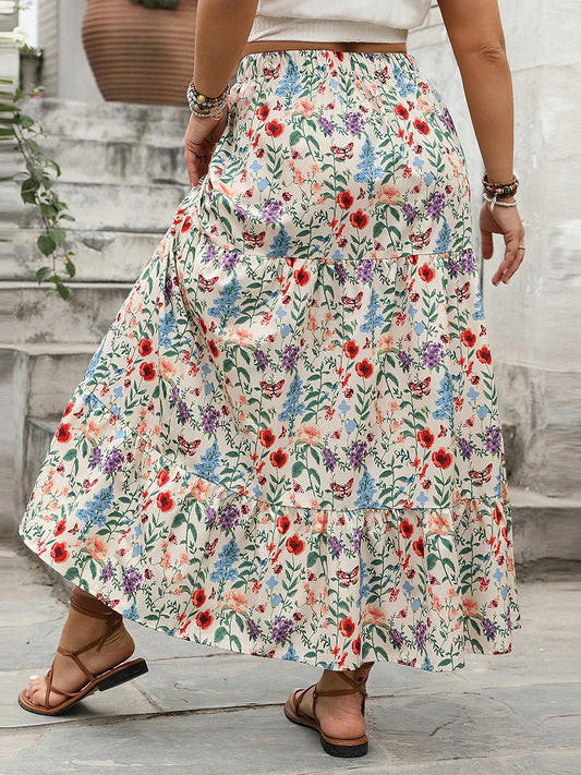 Women's Floral Print Maxi Skirt with Elastic Waist and Tiered Hem